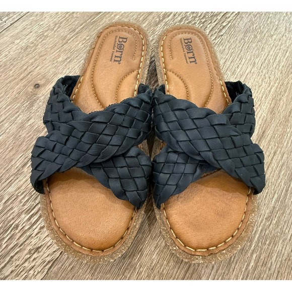 Women's Born Rue Flat Black CrissCross Leather Sandal Size 7 / 38 - Picture 6 of 11